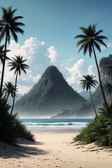 there is a picture of a beach with palm trees and a mountain in the background