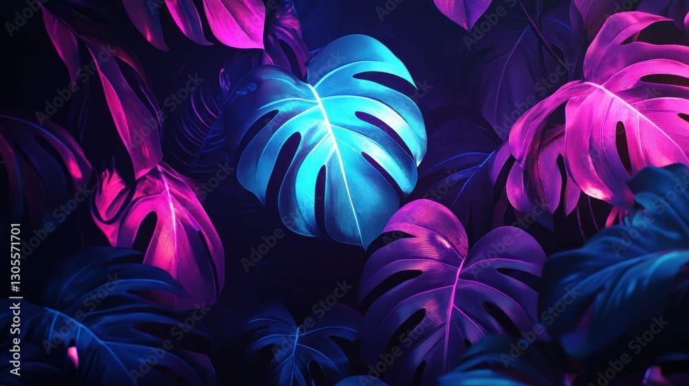 Poster glowing colorful neon leaves in a dark background create contrast