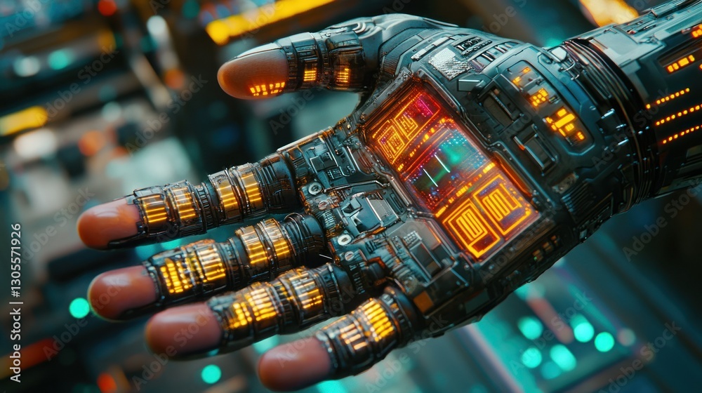 Poster detailed view of a futuristic robotic hand and its circuitry