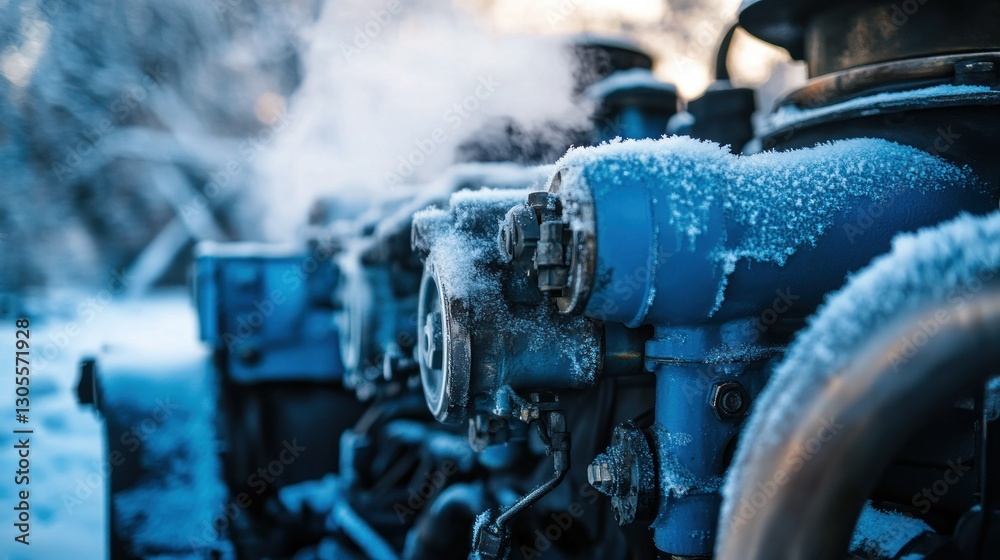 Poster close up of frosted machinery in a cold winter setting