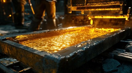 Molten gold is poured into the trough for further processing