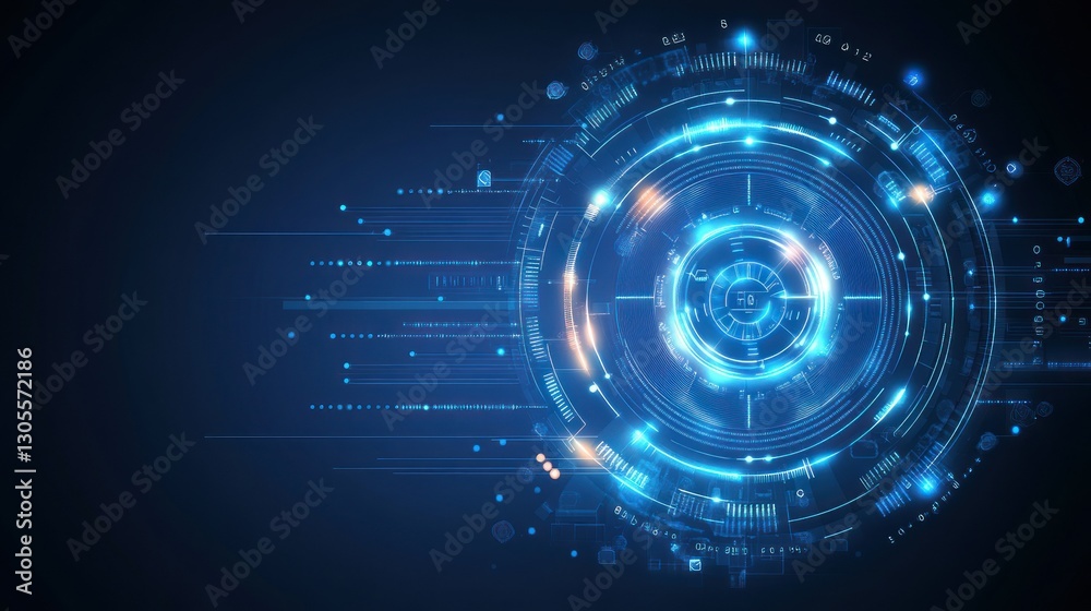 Poster detailed blue futuristic graphic design element with illuminated circular shapes