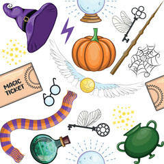 Magic items seamless pattern in cartoon bright style. Witchcraft and sorcery, Esotericism and mysticism, occultism