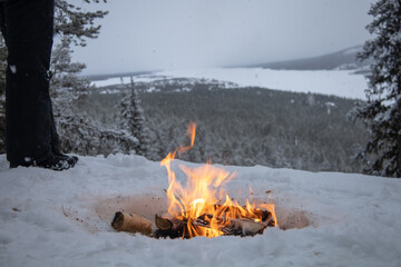 Cozy fireplace with a burning wood fire at a snowy winter landscape with forest and mountains in the background