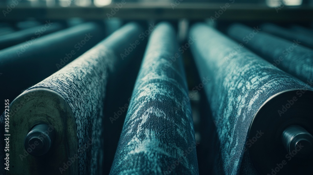 Poster several fabric rolls in a factory are displayed here