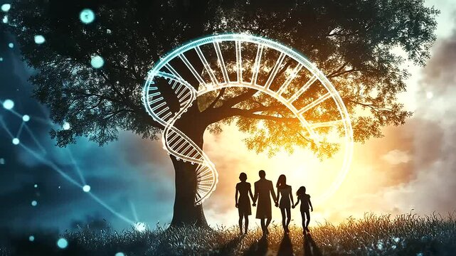 Visualize the concept of genetic inheritance, with a family tree intertwined with glowing DNA strands representing connections across generations