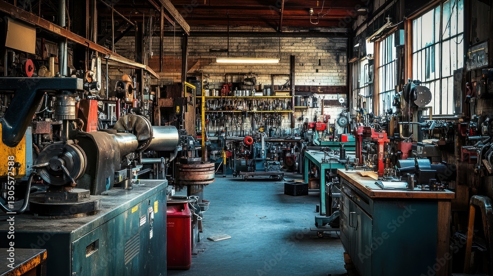 Poster a cluttered workshop filled with many tools and equipment