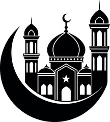 Eid Silhouette with Mosque Crescent Moon and Star – Islamic Festival Vector Design