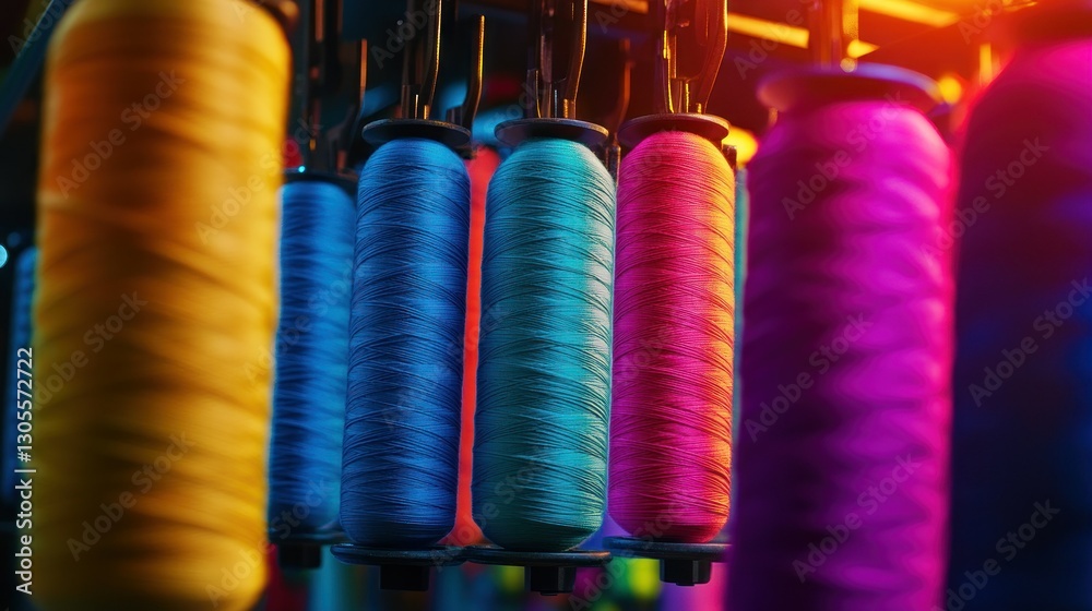 Poster Multicolored Spools of Thread Hanging From a Machine