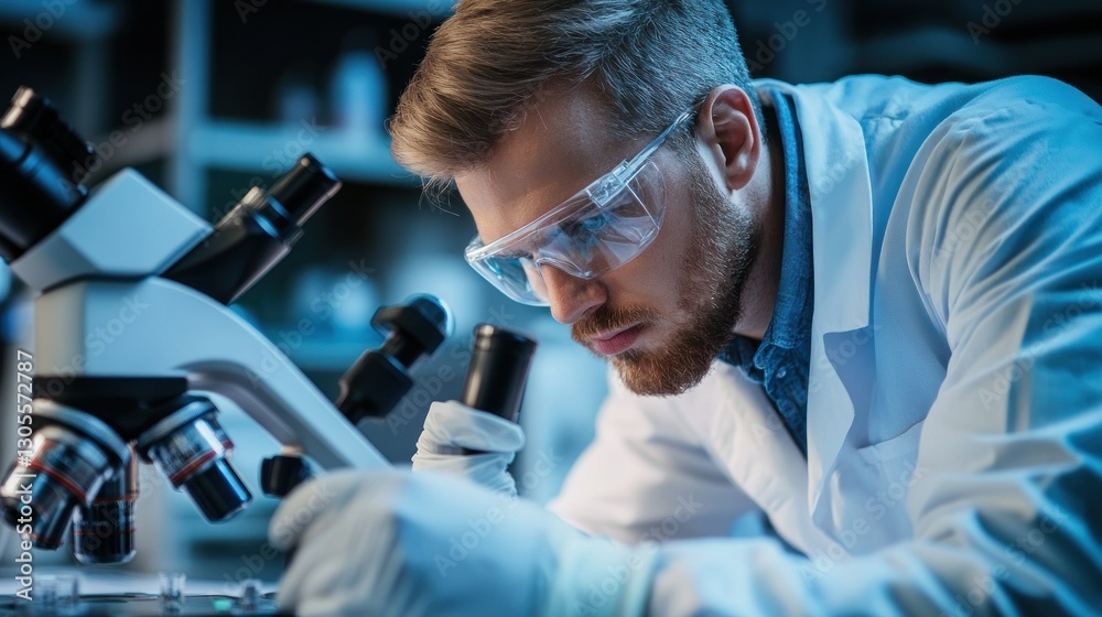 Poster a focused scientist using a microscope for scientific research
