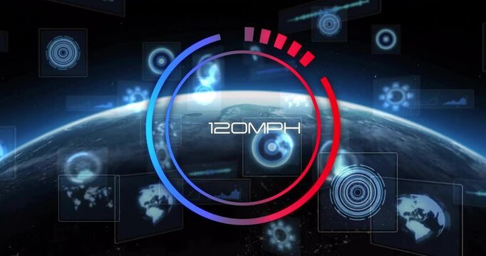 Futuristic speedometer animation displaying 120 MPH over Earth with digital graphics
