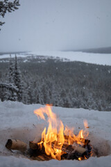 Cozy fireplace with a burning wood fire at a snowy winter landscape with forest and mountains in the background