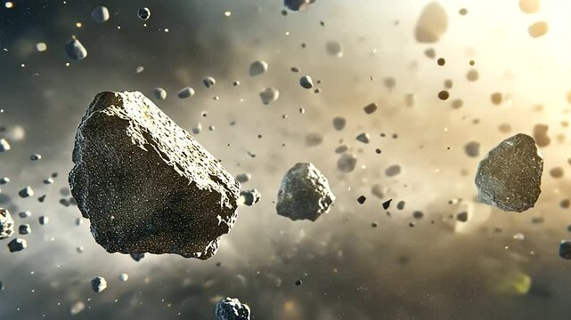 Visualize an astronaut in a sleek spacesuit drifting through an asteroid field, using a jetpack to navigate the floating debris