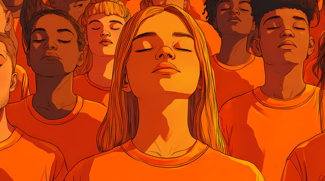 Close-up of individuals wearing orange shirts in solidarity, marking the national day for truth and reconciliation, embodying unity and remembrance. Truth - Stone. Illustration