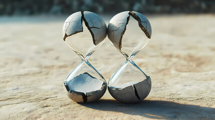 Cracked hourglass symbolizing the passage of time and inevitability. Truth - Stone. Illustration