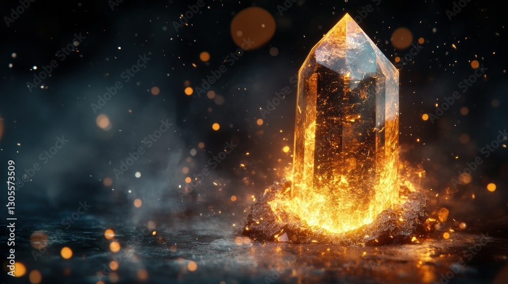 Poster sparkling crystal prism with fiery flames and shining particles rising above