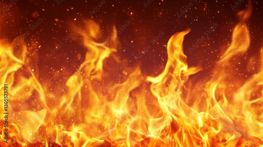 Poster burning orange and red flames dancing dynamically in the darkness