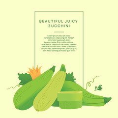 a banner with green squash and a place under the text. green template with delicious zucchini. some zucchini with leaves and flowers