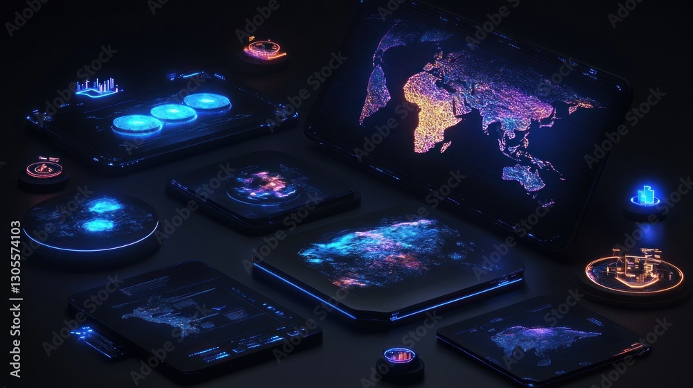 Poster Several digital interface screens with glowing data displayed globally