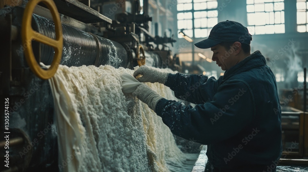 Poster a worker inspects the material in a manufacturing factory setting