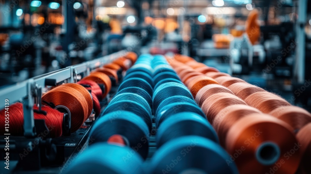 Aufkleber colorful spools of thread arranged in a factory machine
