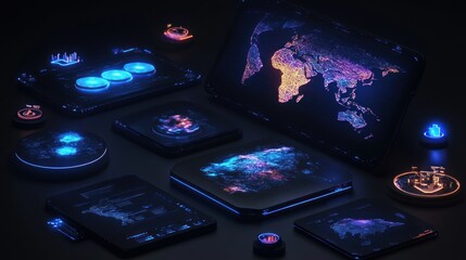 Fototapeta premium Several digital interface screens with glowing data displayed globally