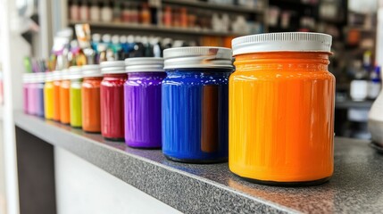 Various colors of paint arranged in a row on a shelf