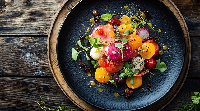 Beautifully plated gourmet dish with vibrant colors fresh ingredients and elegant garnishes styled on a rustic wooden table with soft natural lighting evoking irresistible hunger and appeal