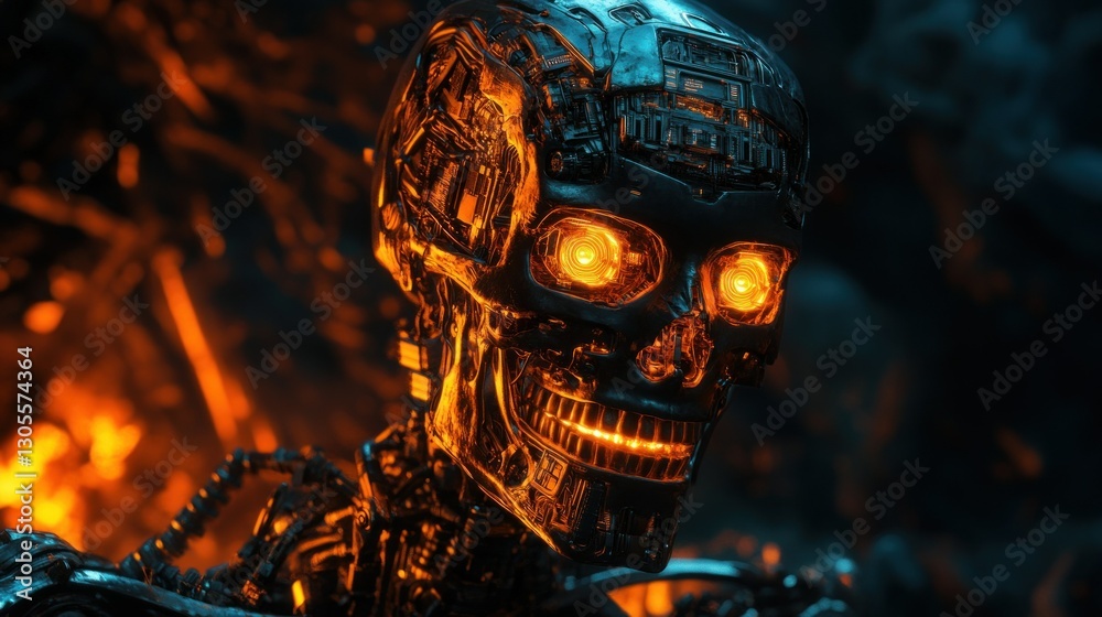 Poster futuristic robot skeleton depicted with glowing eyes and fiery background