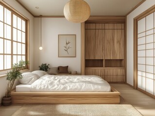 A comfortable and stylish bedroom showcasing minimalist zen design elements