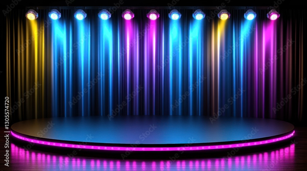 Poster stage with colorful lights and a semi circular platform