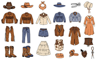 Cowboy Fashion Set: A collection of hand-drawn cowboy fashion elements, including hats, clothing, boots, and accessories, perfect for design projects.
