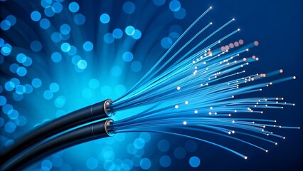 Close-up of fiber optic cables with glowing blue light, showcasing advanced technology in high-speed internet data transmission.
