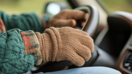Gloved hands grip steering wheel, driving