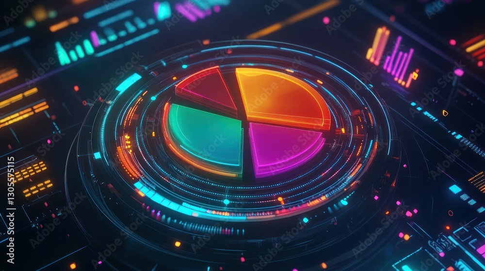 Poster A colorful digital visualization of a pie chart and data graphics