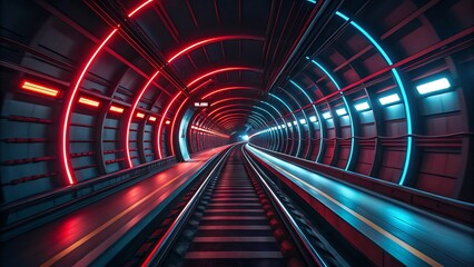Fototapeta premium Futuristic underground tunnel with glowing red and blue neon lights, representing modern transportation infrastructure and technology.