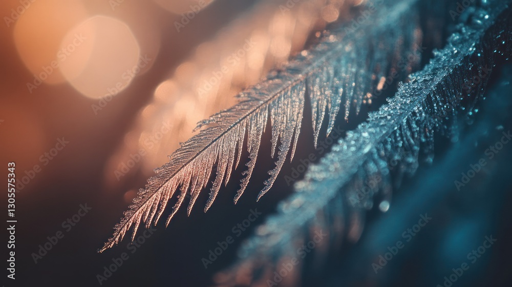 Poster Detailed macro view showcasing frosted feathers with soft bokeh background
