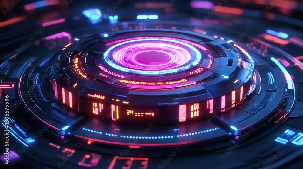 Poster glowing blue and red technology components showcasing futuristic data processing