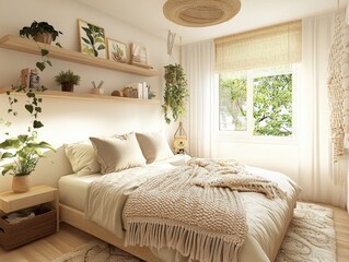 A peaceful bedroom displays a bed and various decorative items