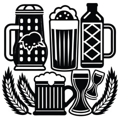 Vintage Beer Mug Collection,Retro Beer Glasses and Barley,Classic Beer Stein Design | Brewery-Themed Artwork.