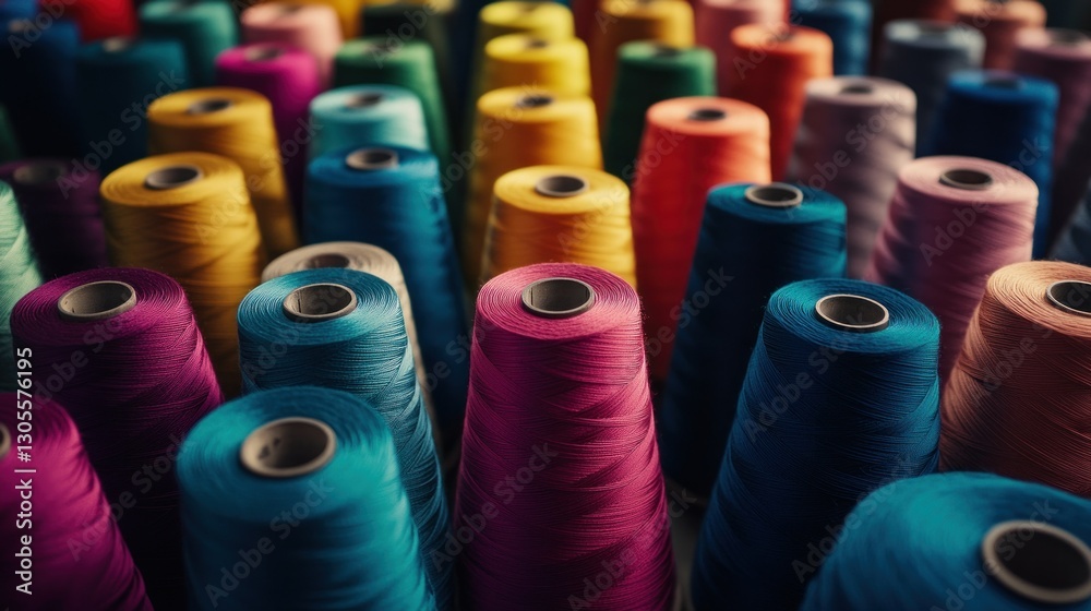 Poster Colorful thread spools are arranged creating a visually appealing display