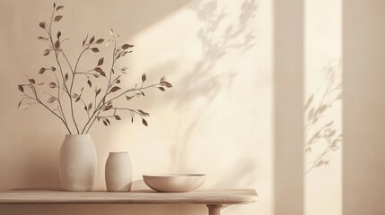 A table sits against a beige wall, decorated with glossy leaves.