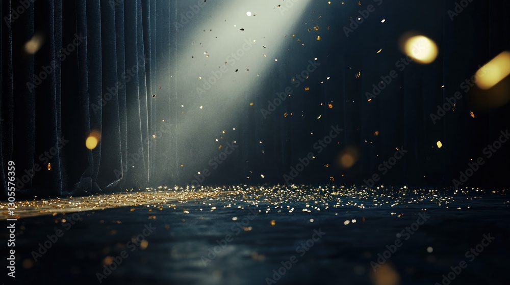 Poster a dark scene of a stage with golden confetti raining down