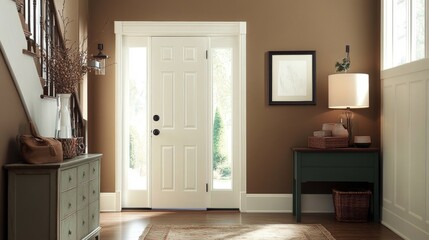 A warm and inviting entryway with chocolate-brown walls, a dark green console table decorated with stylish items, and a crisp white front door.