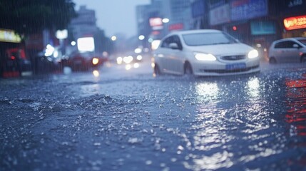 White car driving on a rainy day in the city