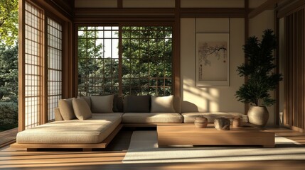Minimalist, japandi interior design of modern living room.