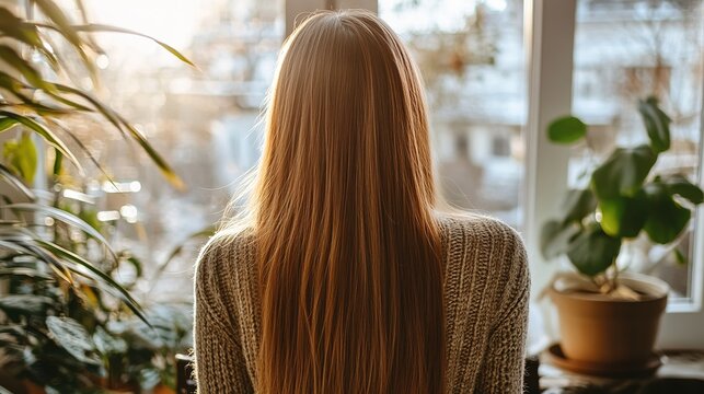 Woman With Long Hair Looks Out Window