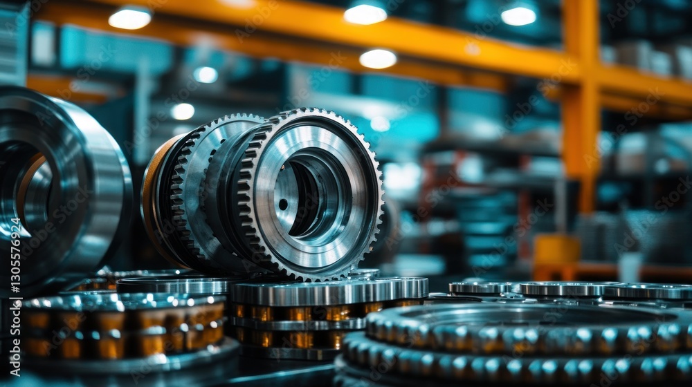 Poster Shiny gears arranged in an industrial setting representing engineering and mechanics