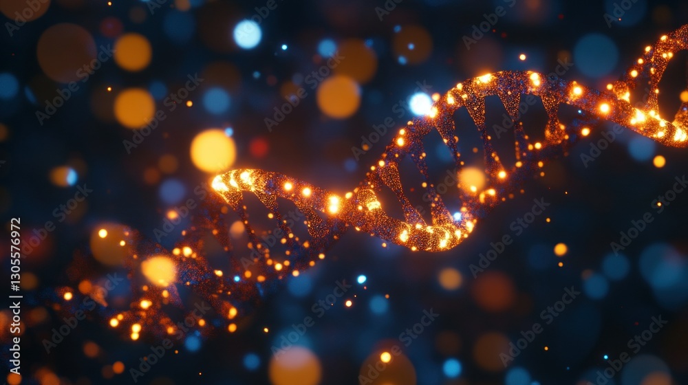 Poster a glowing dna double helix with light effects on dark background