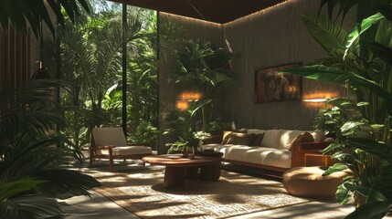 Fototapeta premium Modern interior design with prehistoric plants in a cozy living room setting